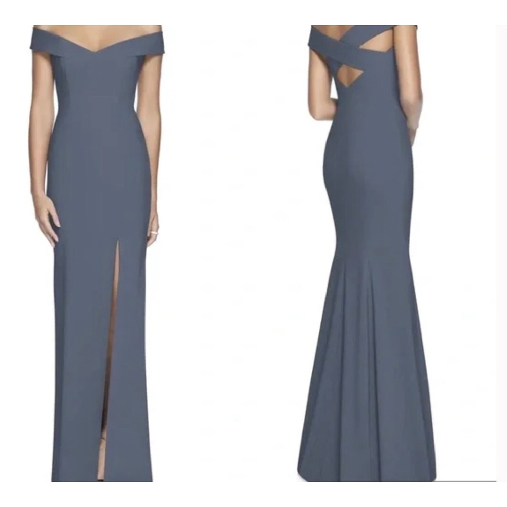 Dessy Collection Slate Blue Off-the-Shoulder Mermaid Gown